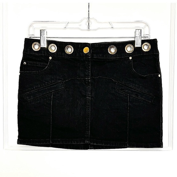 BALMAIN VINTAGE Y2K Low Rise Grommet Cutout Waist Black Denim Jean Mini Skirt 10 - Picture 1 of 7